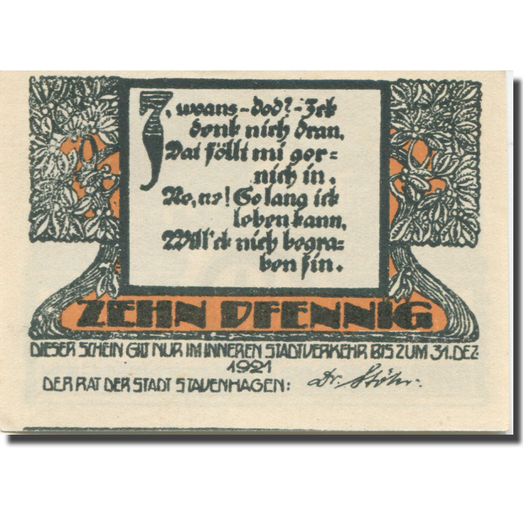 Banknote, Germany, Stavenhagen, 10 Pfennig, château, 1921 UNC(63) Mehl:FS 1257.2