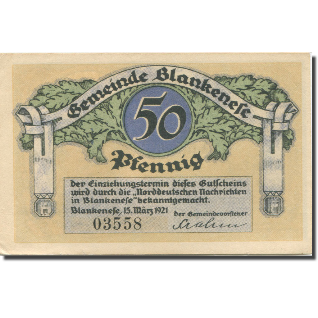 Banknote, Germany, Blankenese, 50 Pfennig, marin, 1921 UNC(63) Mehl:115.2