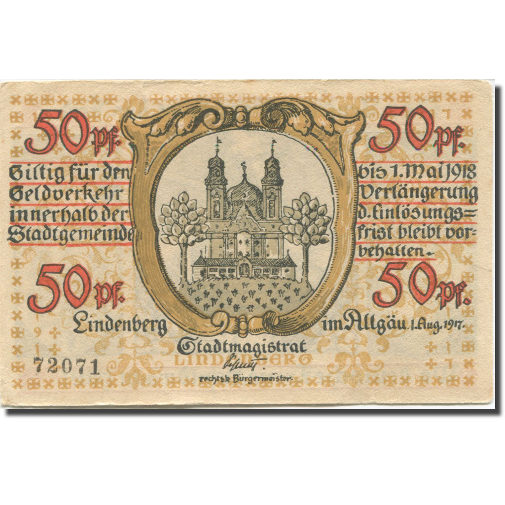 Banknote, Germany, Lindenberg, 50 Pfennig, château, 1918 EF(40-45) Mehl:L 47.1c