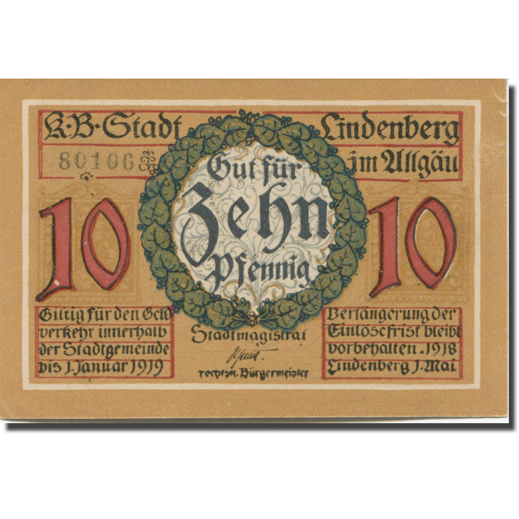 Banknote Germany Lindenberg 10Pfennig personnage 1919 AU(55-58) Mehl:L 47.4a