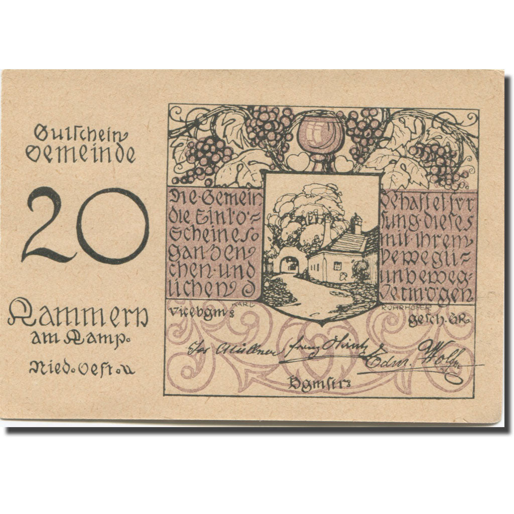 Nota, Alemanha, Kammern am Kamp, 20 Pfennig, ferme, 1920 UNC(63) Mehl:FS 424