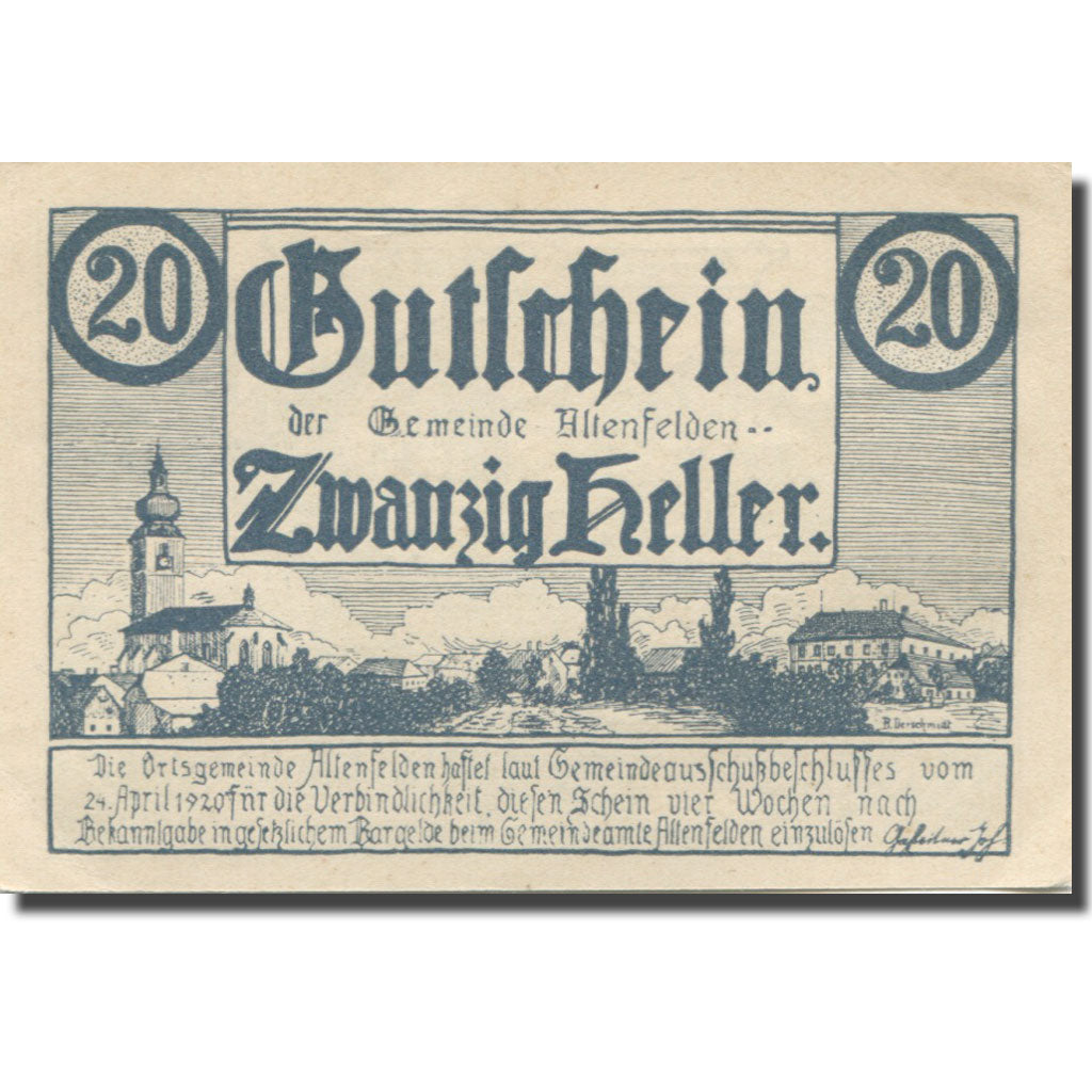 Geldschein, Österreich, Altenfelden, 20 Heller, village, 1920 UNZ Mehl:FS 27Ib