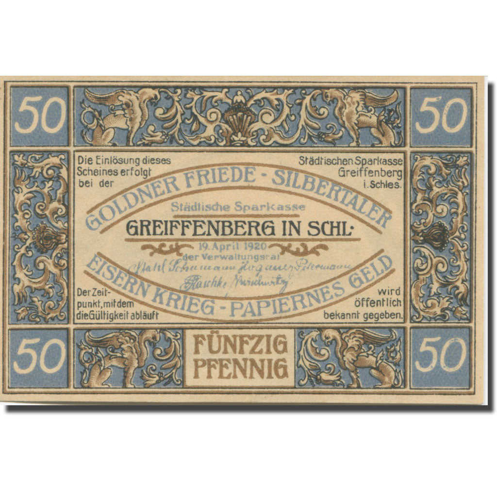 Banknote, Germany, Greiffenberg, 50 Pfennig, Blason, 1920 UNC(63) Mehl:470.1