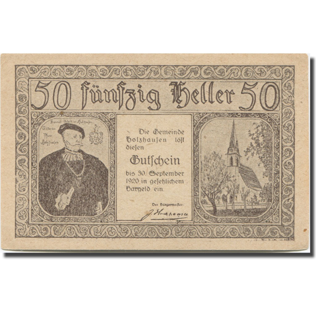 Banknote, Austria, Holzhausen, 50 Heller, Eglise, 1920 UNC(63) Mehl:FS 369a