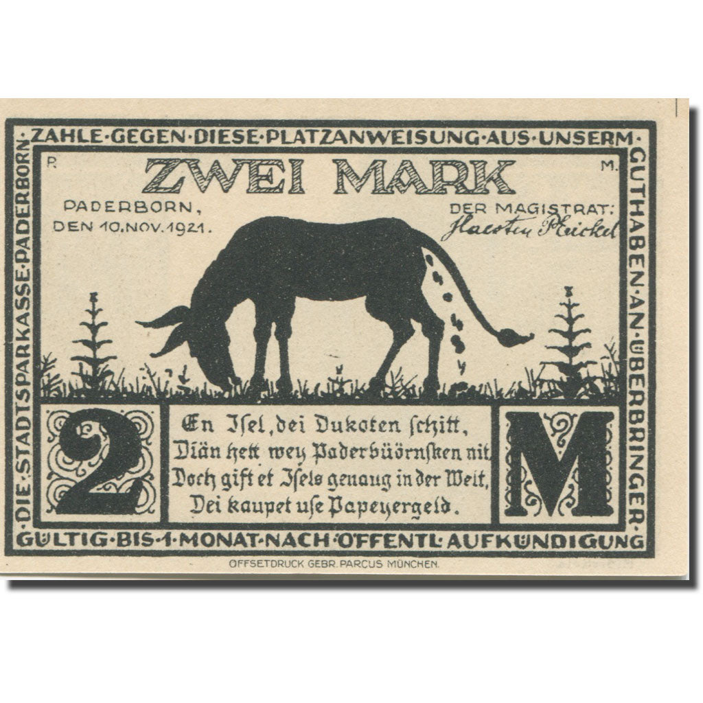 Banknote, Germany, Paderborn, 2 Mark, rue 1, 1921 UNC(63) Mehl:1043.4