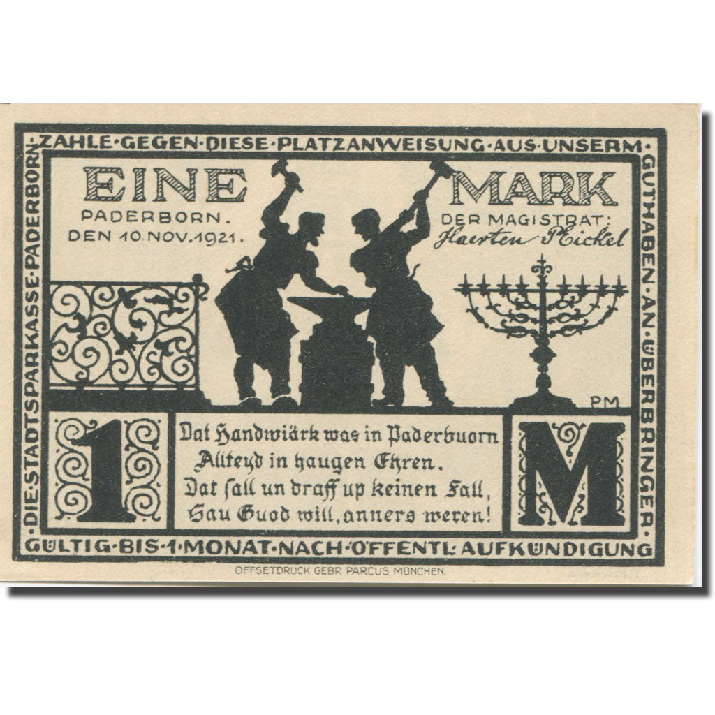 Banconote, Germania, Paderborn, 1 Mark, Monument 1921-11-10, SPL Mehl:1043.4