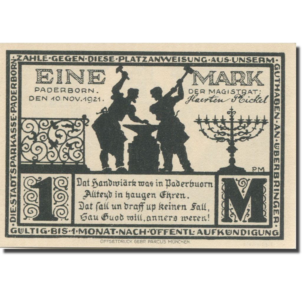 Banknote, Germany, Paderborn, 1 Mark, monument 1, 1921 UNC(63) Mehl:1043.4