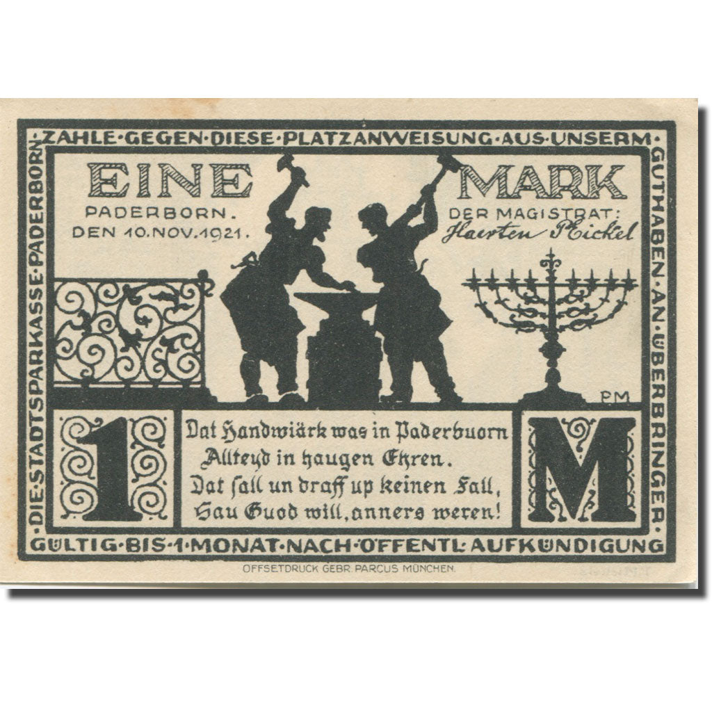Banknote, Germany, Paderborn, 1 Mark, monument 2, 1921 AU(50-53) Mehl:1043.4