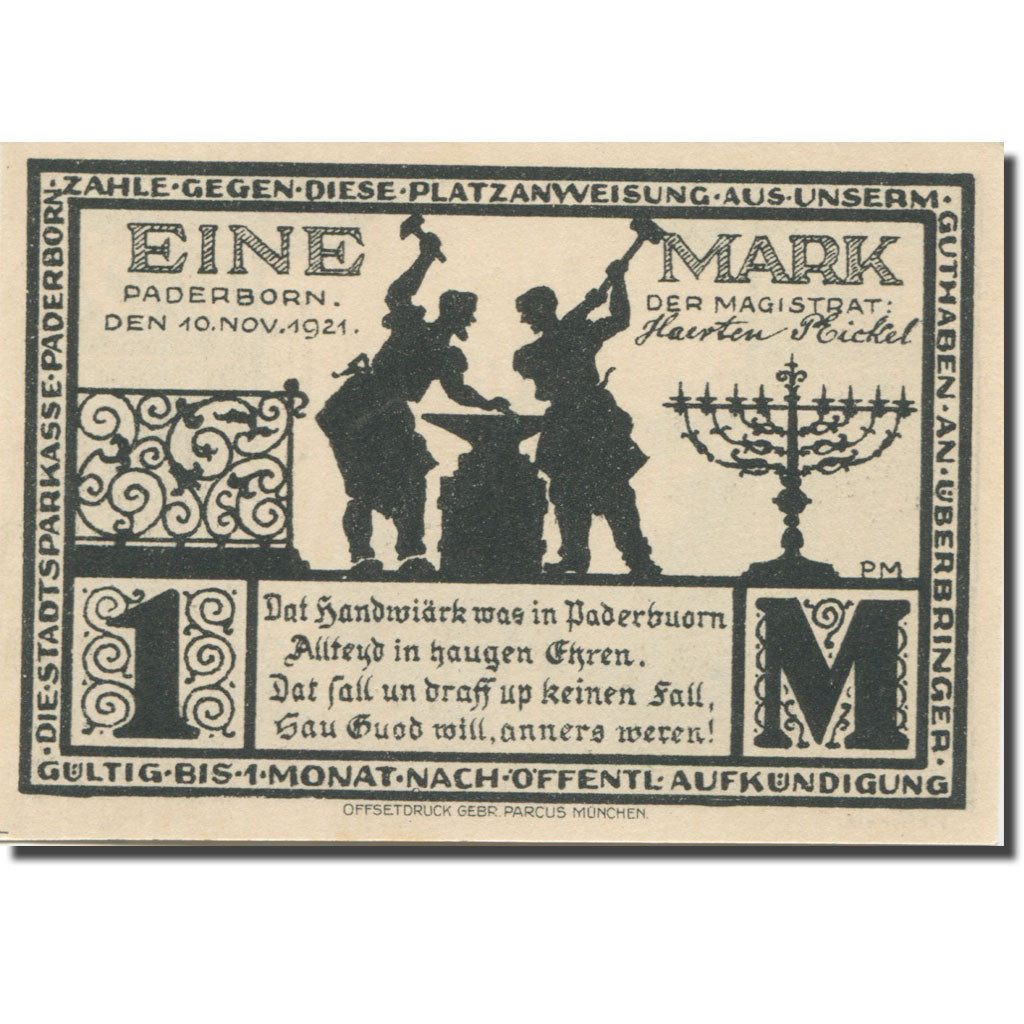 Banknote, Germany, Paderborn, 1 Mark, Eglise 1, 1921 UNC(63) Mehl:1043.4