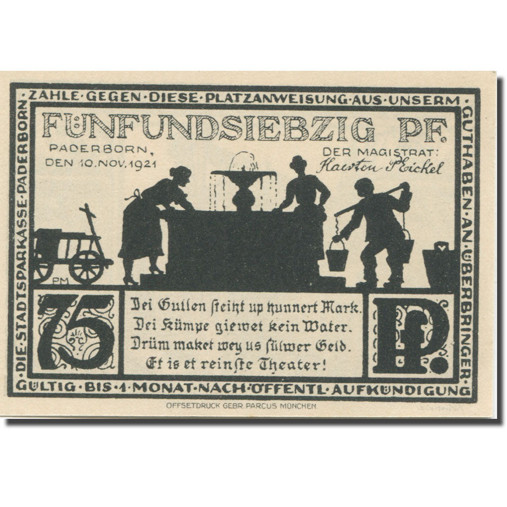 Banknote, Germany, Paderborn, 75 Pfennig, Monument 1921 UNC(63) Mehl:1043.4