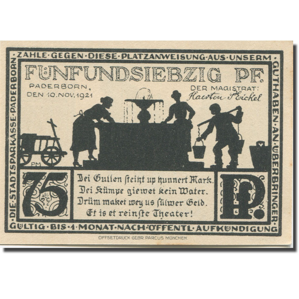 Banknote, Germany, Paderborn, 75 Pfennig, monument 1, 1921 UNC(63) Mehl:1043.4