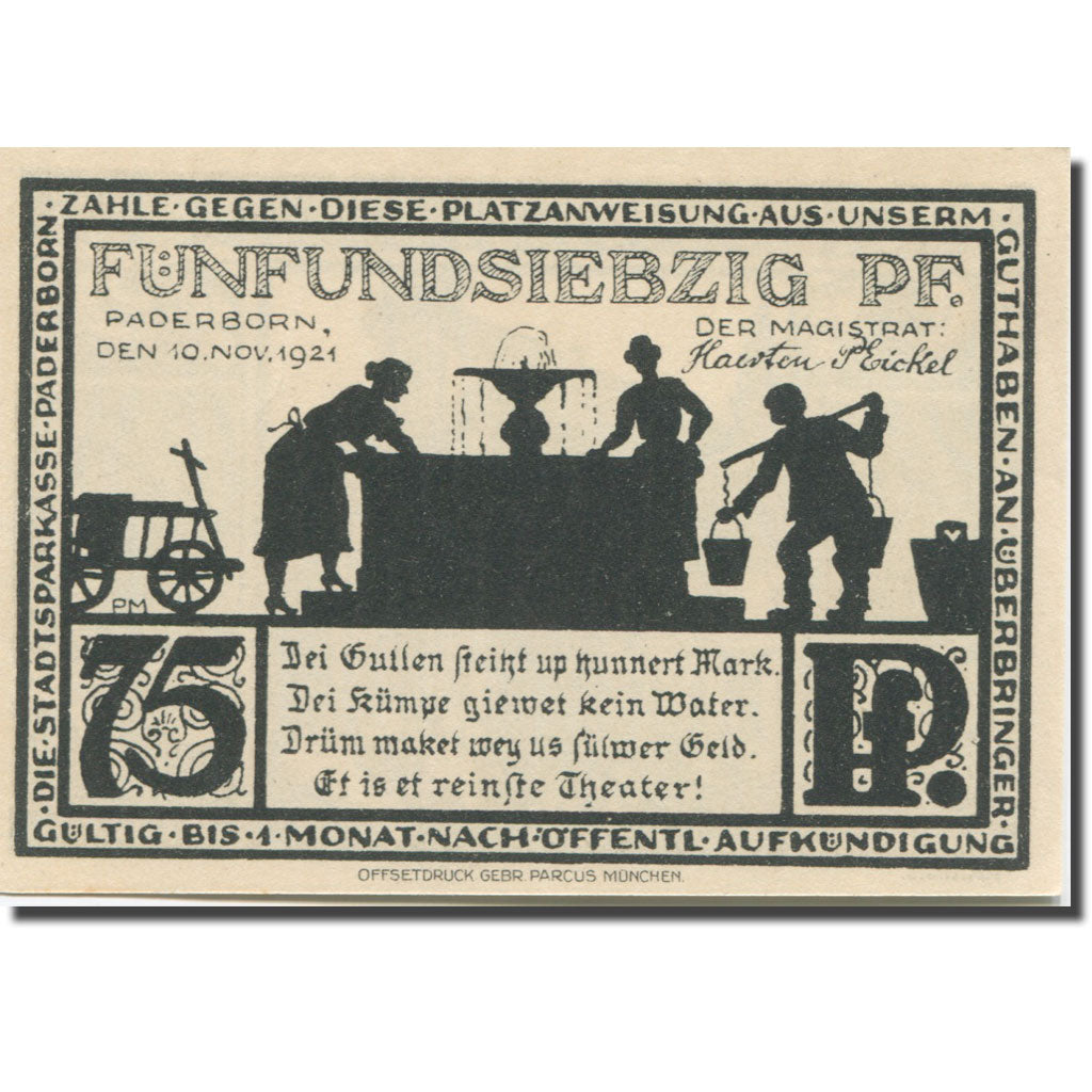 Banknote, Germany, Paderborn, 75 Pfennig, monument 2, 1921 UNC(63) Mehl:1043.4