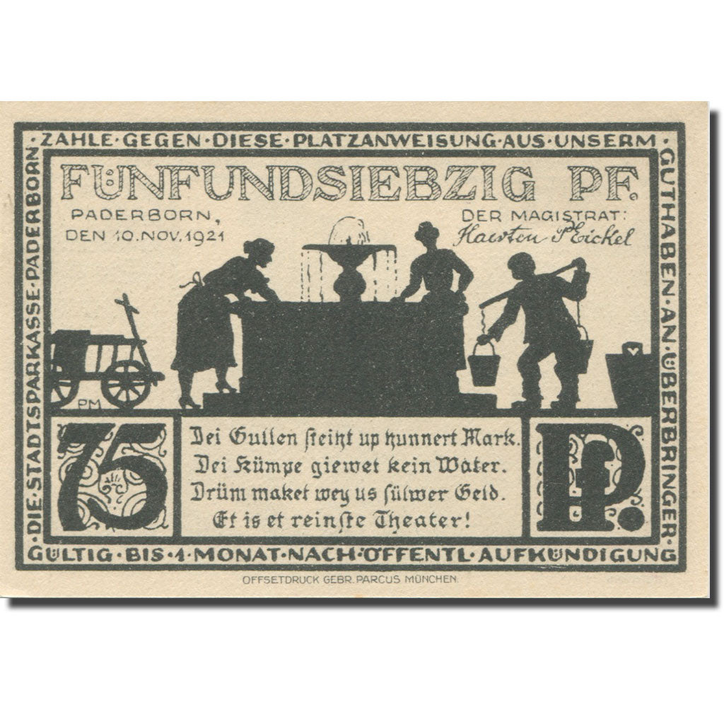 Banconote, Germania, Paderborn, 75 Pfennig, monument 3, 1921 SPL Mehl:1043.4