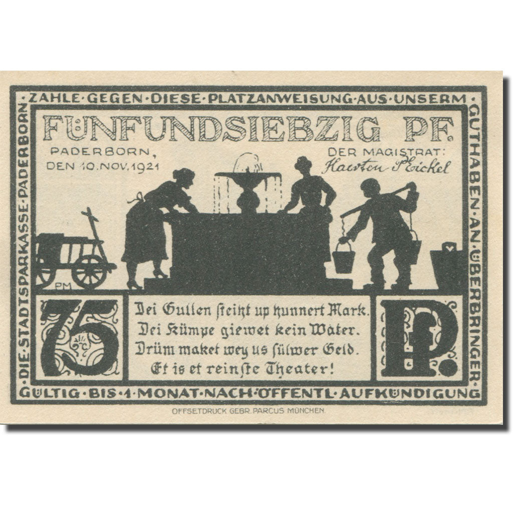 Banknote, Germany, Paderborn, 75 Pfennig, monument 4, 1921 UNC(63) Mehl:1043.4