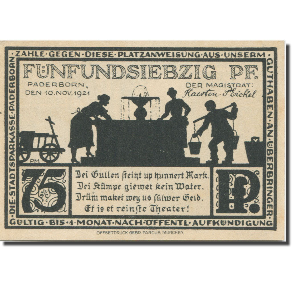 Banknote, Germany, Paderborn, 75 Pfennig, rue, 1921 UNC(63) Mehl:1043.4
