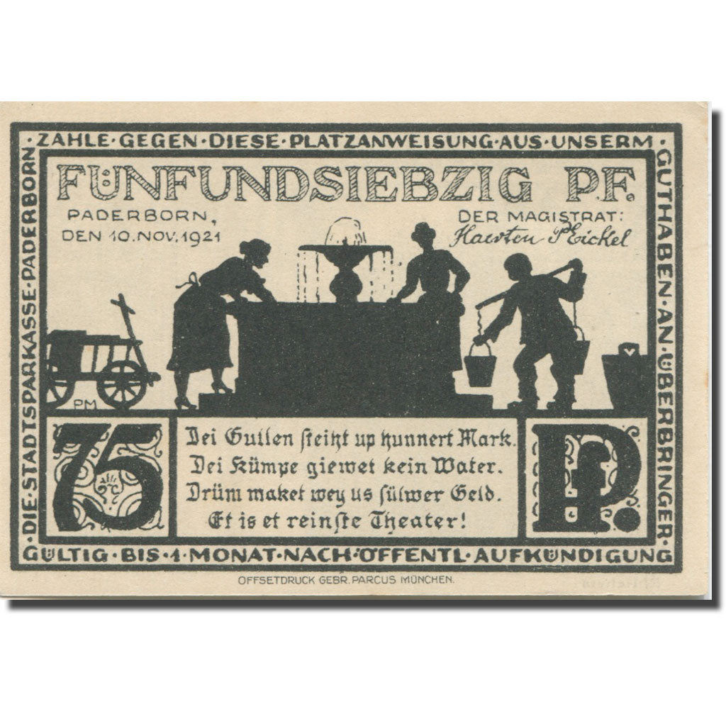 Banknote, Germany, Paderborn, 75 Pfennig, rue 1, 1921 UNC(63) Mehl:1043.4