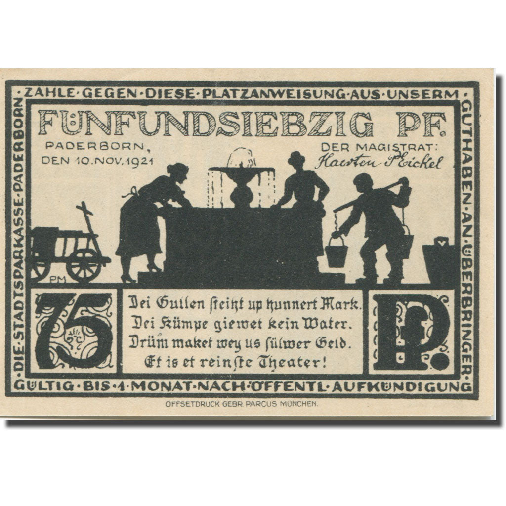 Banknote, Germany, Paderborn, 75 Pfennig, rue 2, 1921 UNC(63) Mehl:1043.4