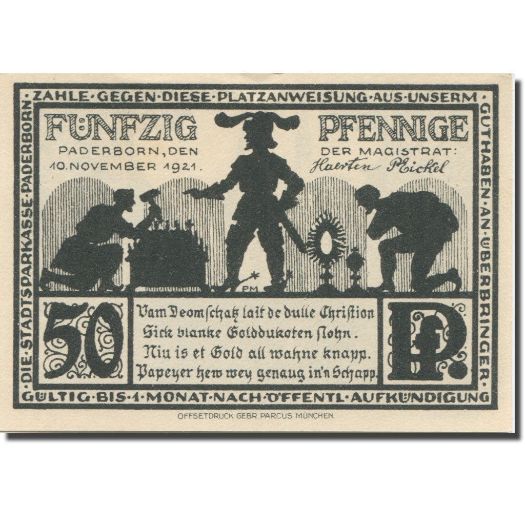 Banknote, Germany, Paderborn, 50 Pfennig, cathédrale, 1921 UNC(63) Mehl:1043.4
