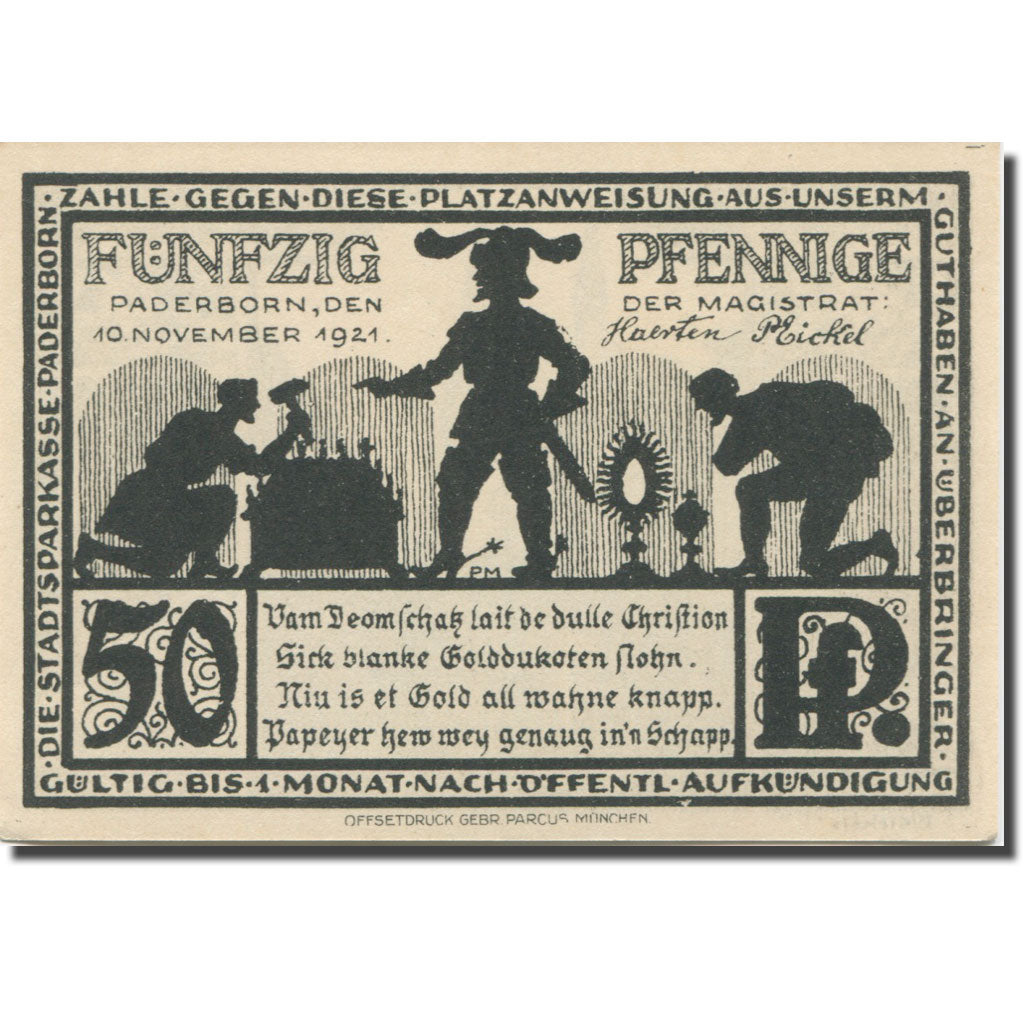 Banknote, Germany, Paderborn, 50 Pfennig, cathédrale 1, 1921 UNC(63) Mehl:1043.4