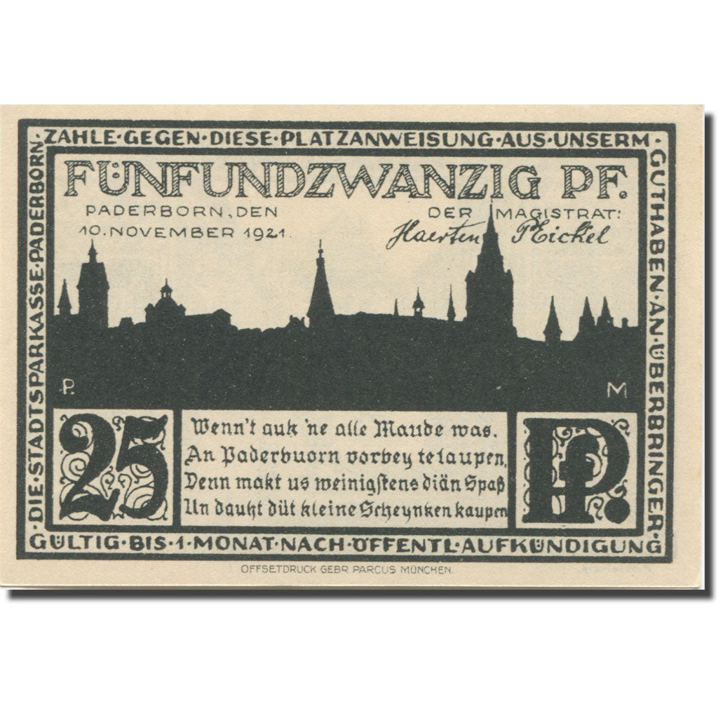 Banknote, Germany, Paderborn, 25 Pfennig, rue 1, 1921 UNC(63) Mehl:1043.4