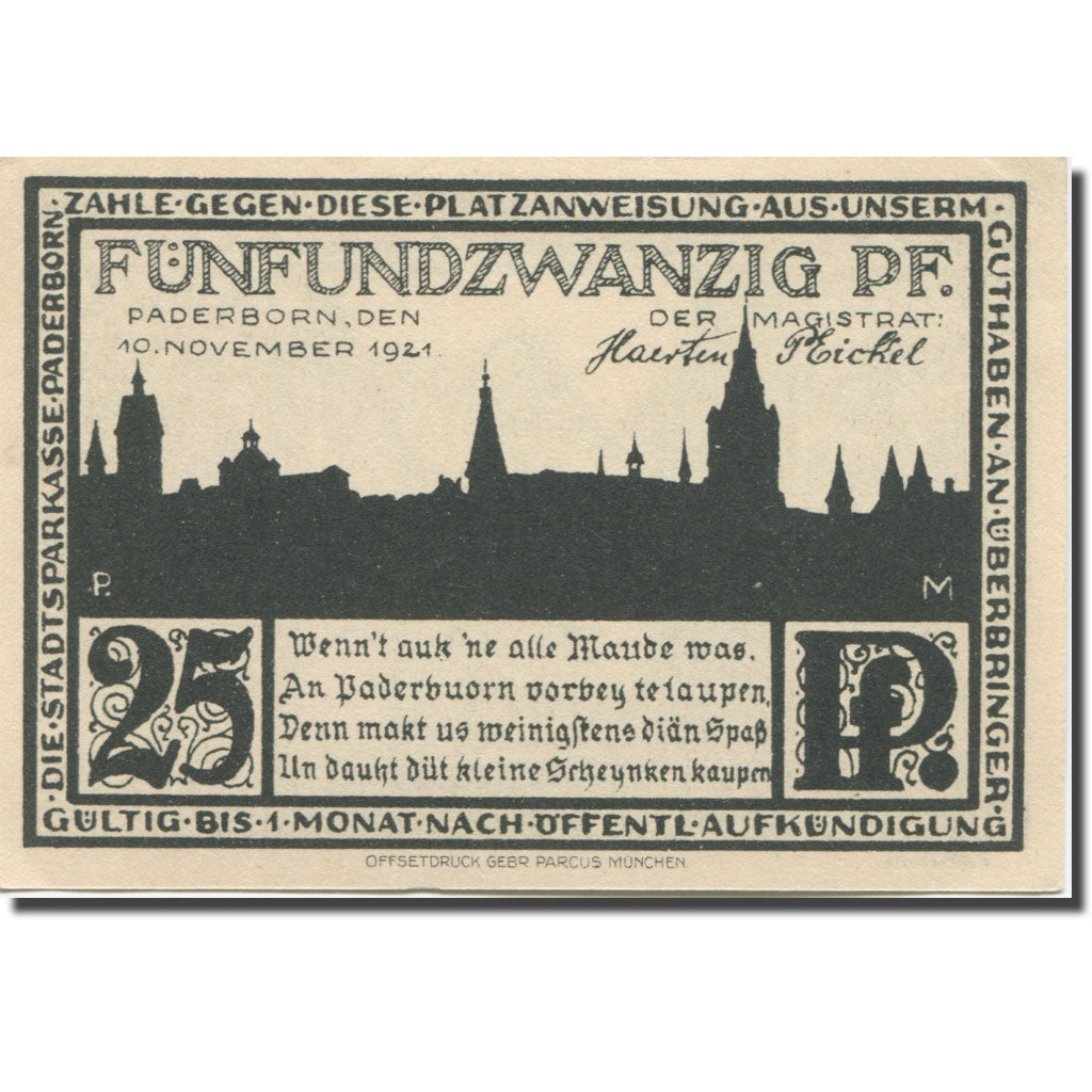 Banknote, Germany, Paderborn, 25 Pfennig, rue 2, 1921 UNC(63) Mehl:1043.4