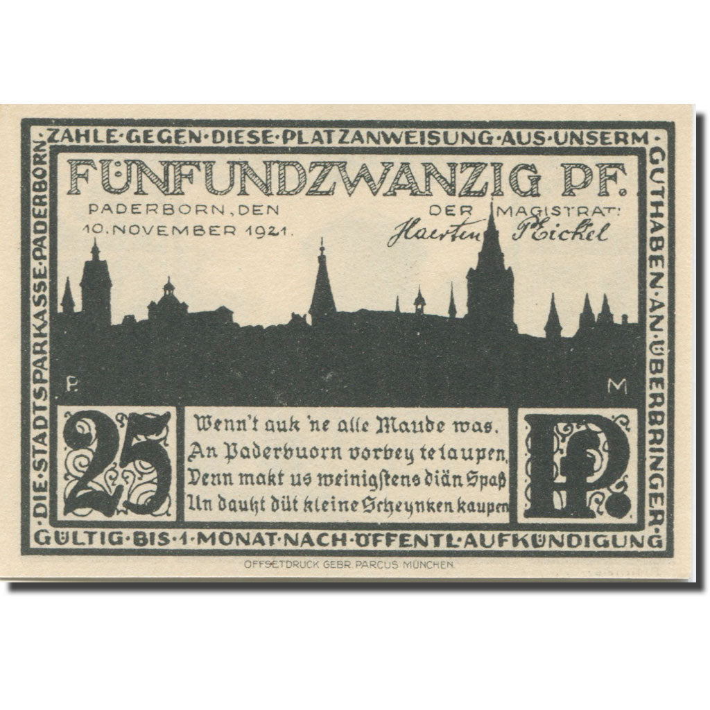 Banknote, Germany, Paderborn, 25 Pfennig, château, 1921 UNC(63) Mehl:1043.4