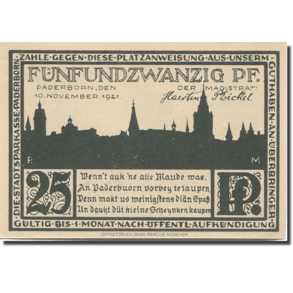 Banknote, Germany, Paderborn, 25 Pfennig, château 1, 1921 UNC(63) Mehl:1043.4