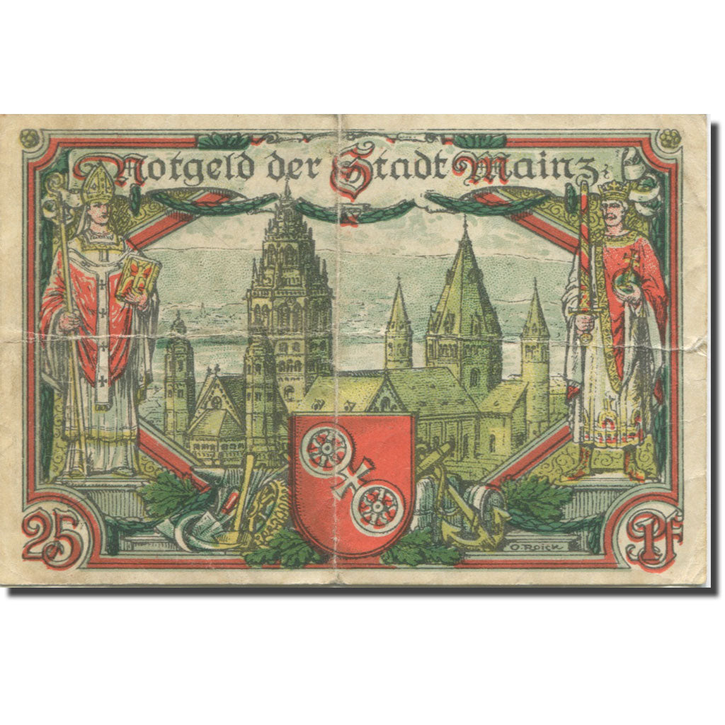 Billet, Allemagne, Mainz, 25 Pfennig, cathédrale, 1921 TB Mehl:860.1a