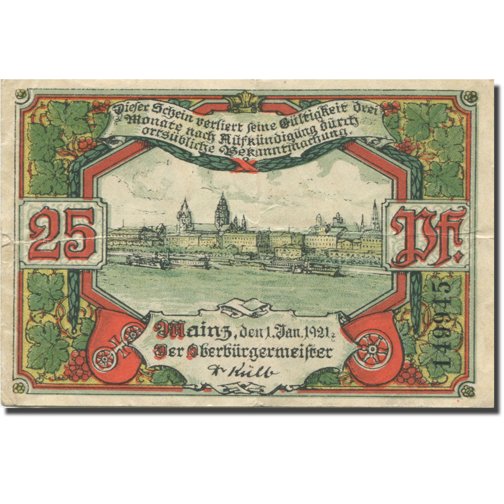 Billet, Allemagne, Mainz, 25 Pfennig, cathédrale, 1921 TB Mehl:860.1a