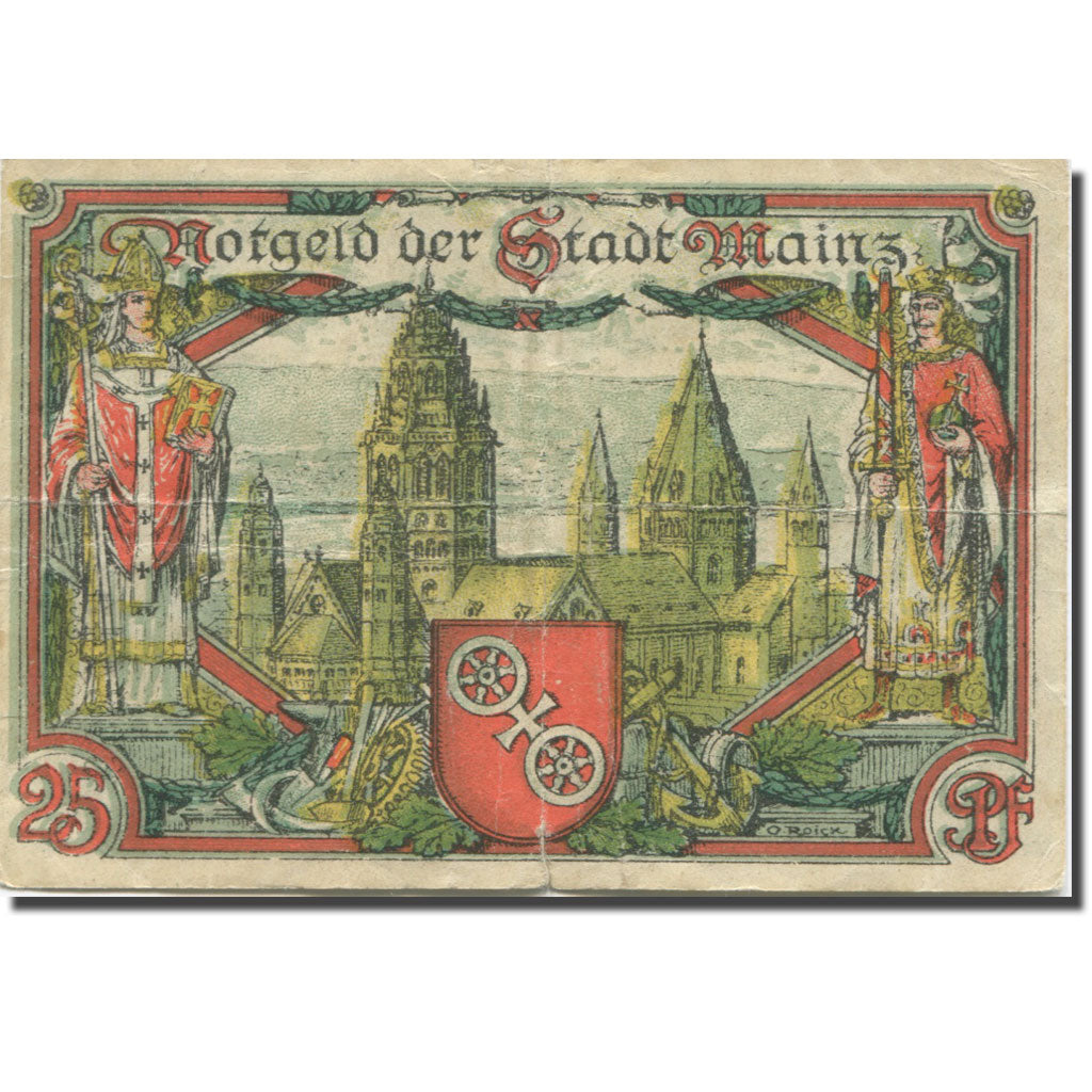 Banknote, Germany, Mainz, 25 Pfennig, cathédrale 1, 1921 VF(30-35) Mehl:860.1a