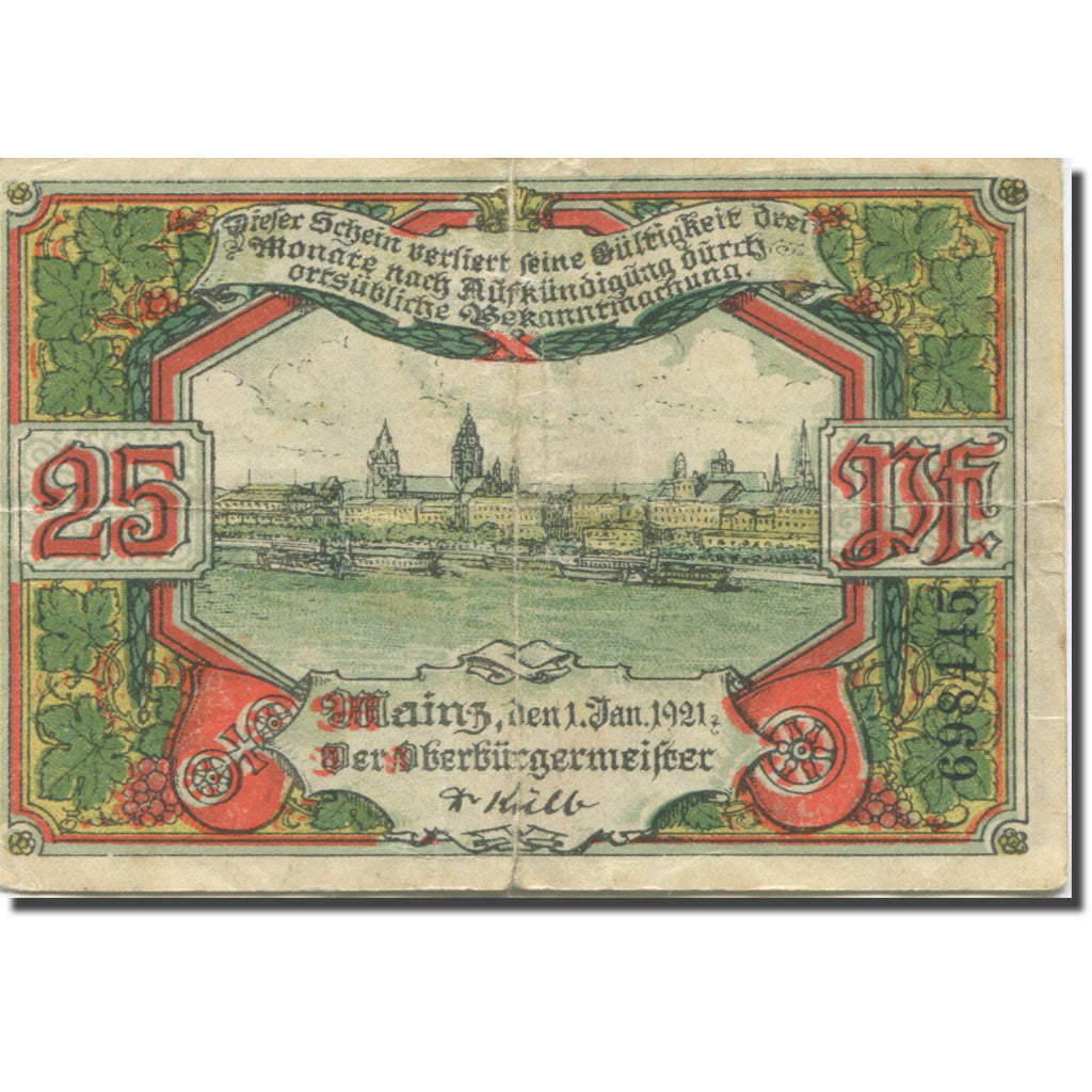 Banknote, Germany, Mainz, 25 Pfennig, cathédrale 1, 1921 VF(30-35) Mehl:860.1a