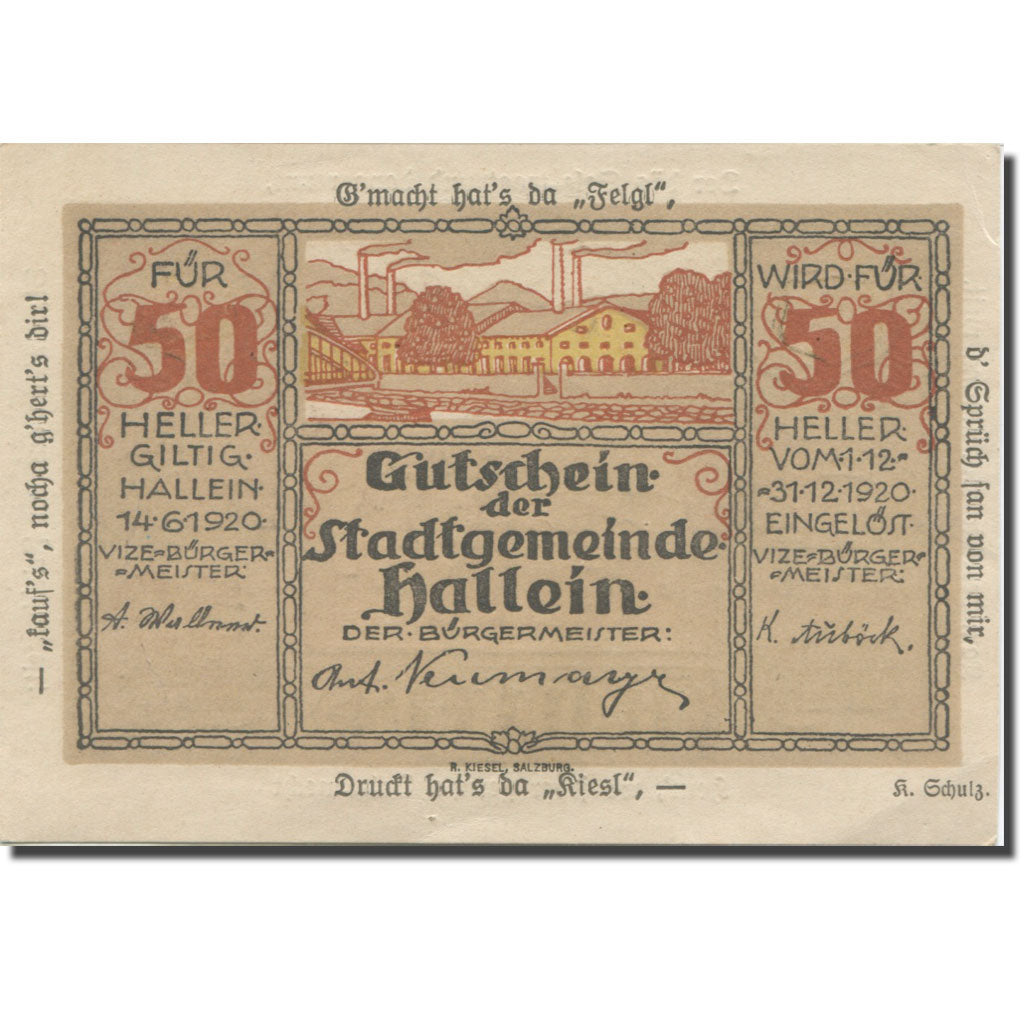 Banknote, Austria, Hallein, 50 Heller, Usine 1920-06-14, UNC(63), Mehl:FS 344IIa