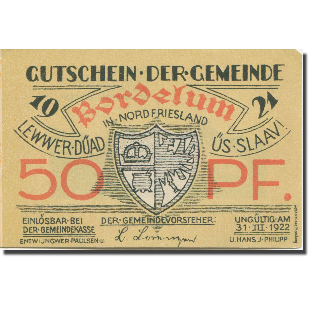 Billet, Allemagne, Bordelum, 50 Pfennig, Blason 1922-03-31, SUP Mehl:143.1