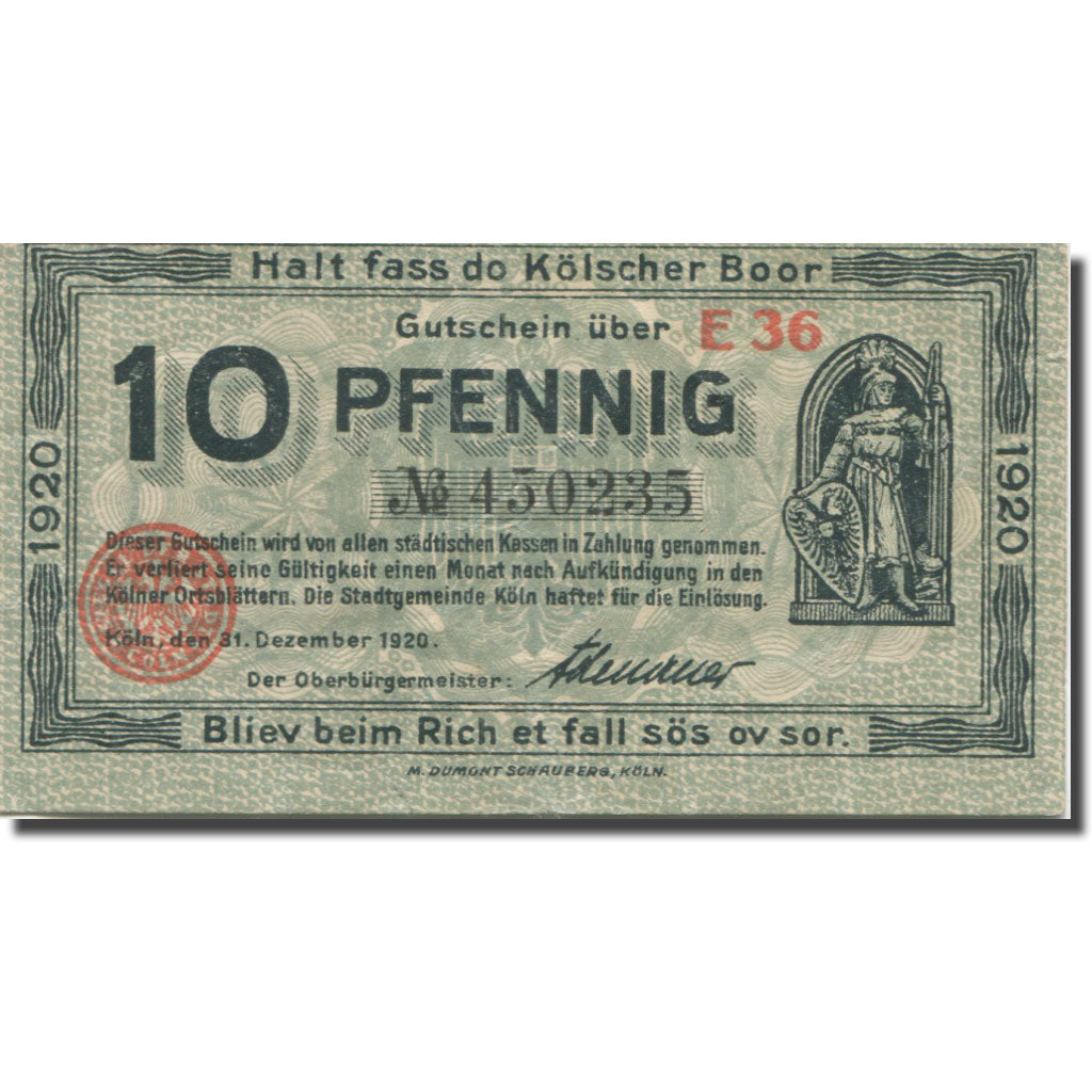Banknote, Germany, Köln, 10 Pfennig, chevalier, 1920 EF(40-45) Mehl:K30.14a