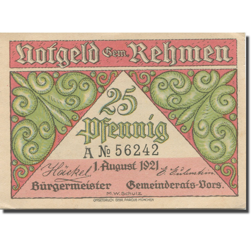 Banknote, Germany, Rehmen, 25 Pfennig, rocher, 1921 UNC(63) Mehl:1108.1