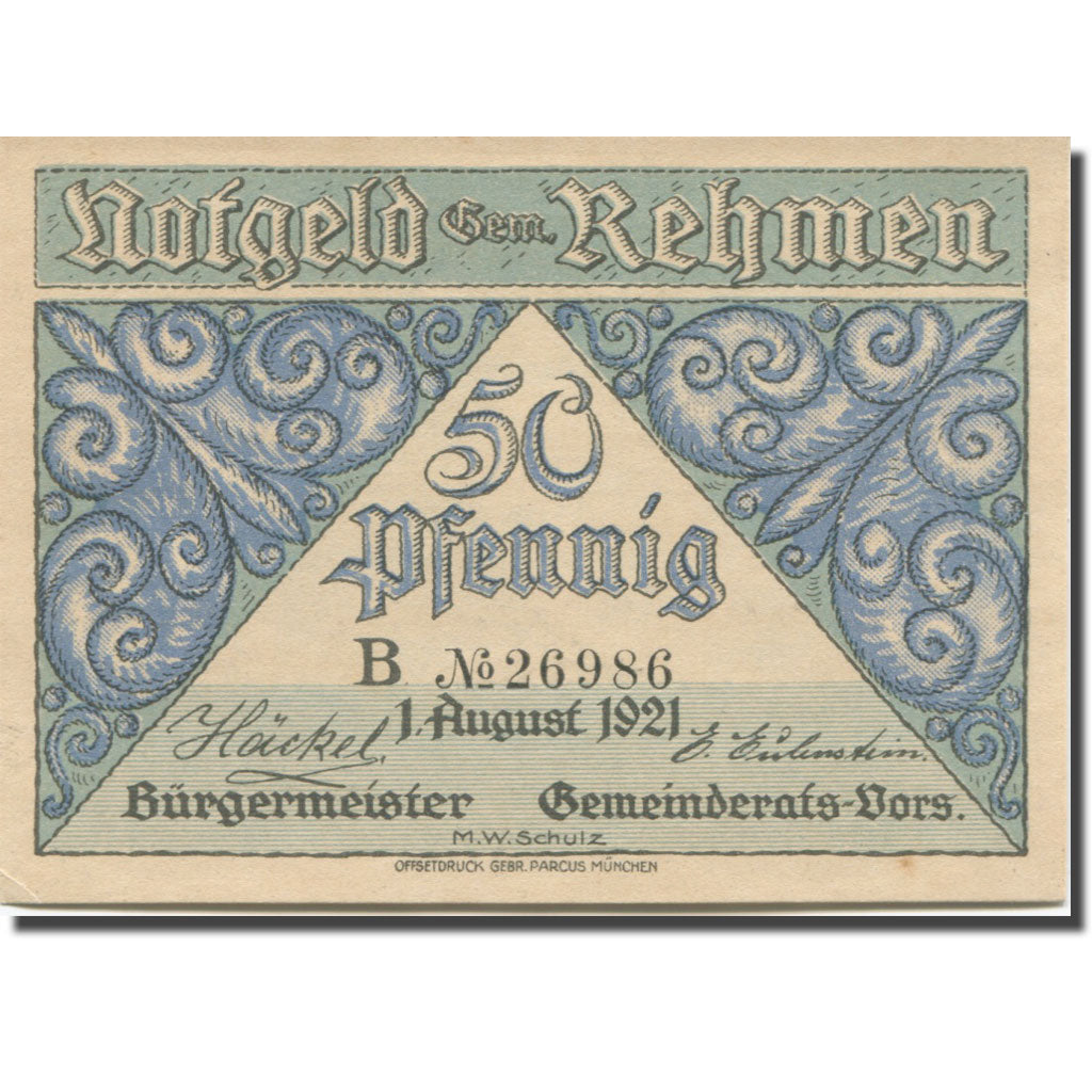 Banknote, Germany, Rehmen, 50 Pfennig 1921-08-01, UNC(63) Mehl:1108.1