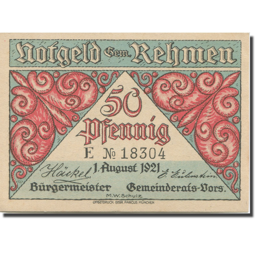 Banknote, Germany, Rehmen, 50 Pfennig, lac, 1921 UNC(63) Mehl:1108.1