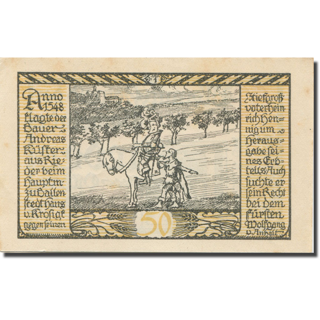 Banknote, Germany, Rieder, 50 Pfennig, chevalier, 1921 AU(55-58) Mehl:1122.2a