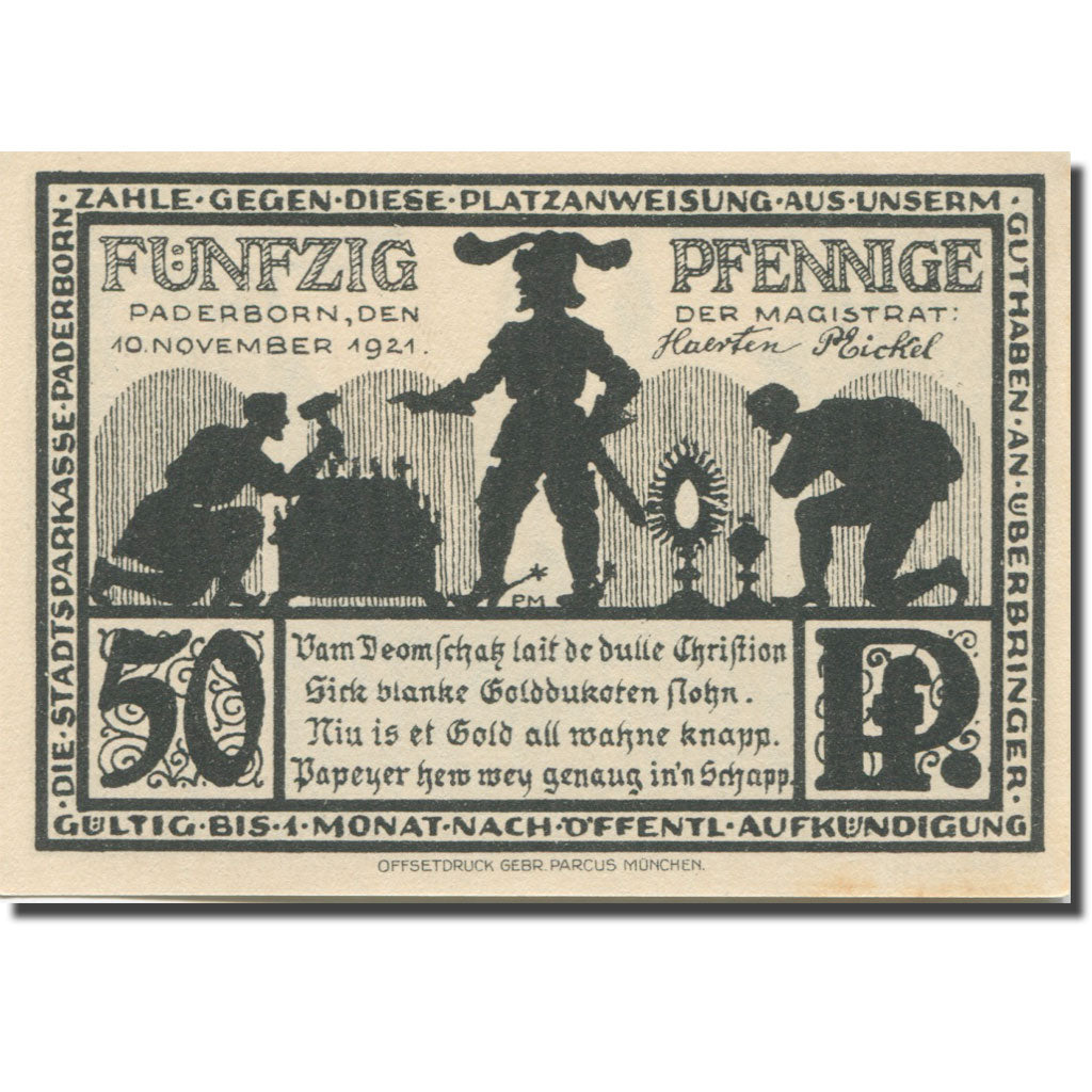 Geldschein, Deutschland Paderborn 50 Pfennig cathédrale 3, 1921 UNZ- Mehl:1043.4