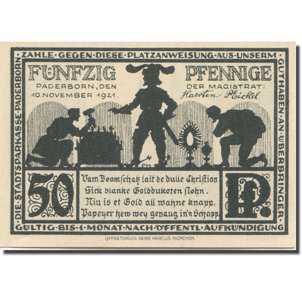 Banknote, Germany, Paderborn, 50 Pfennig, cathédrale 4, 1921 UNC(63) Mehl:1043.4