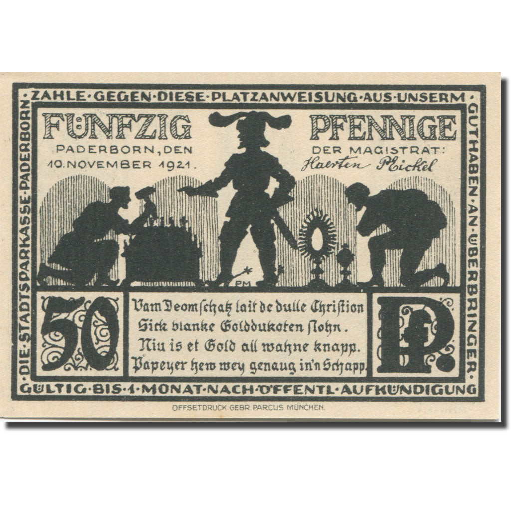 Banknote, Germany, Paderborn, 50 Pfennig, Eglise 1, 1921, UNC(63) Mehl:1043.4