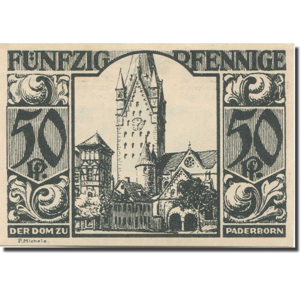 Banknote, Germany, Paderborn, 50 Pfennig, église 2, 1921 UNC(63) Mehl:1043.4