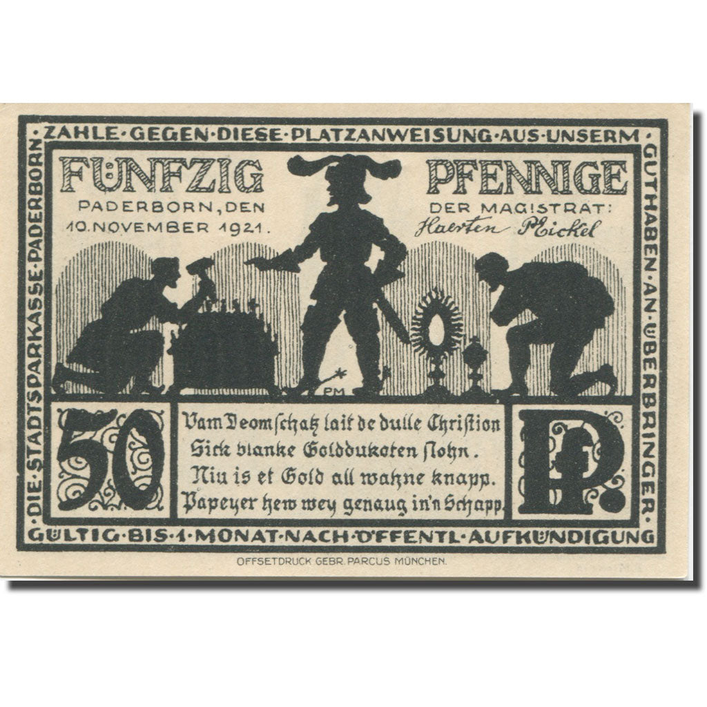 Banknote, Germany, Paderborn, 50 Pfennig, église 2, 1921 UNC(63) Mehl:1043.4