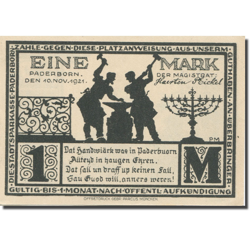 Banknote, Germany, Paderborn, 1 Mark, Eglise, 1921 UNC(63) Mehl:1043.4