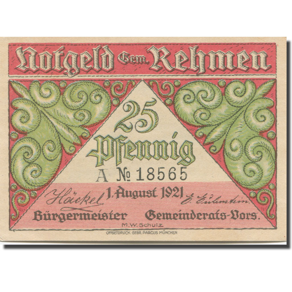 Banconote, Germania, Rehmen, 25 Pfennig, berger 1921-08-01, SPL Mehl:1108.1