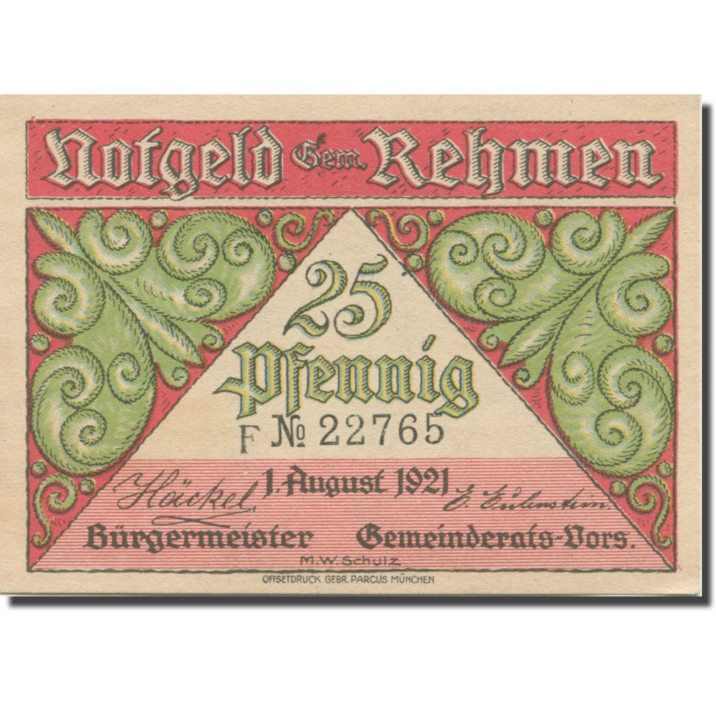 Banknote, Germany, Rehmen, 25 Pfennig, cabane 1921-08-01, UNC(63) Mehl:1108.1
