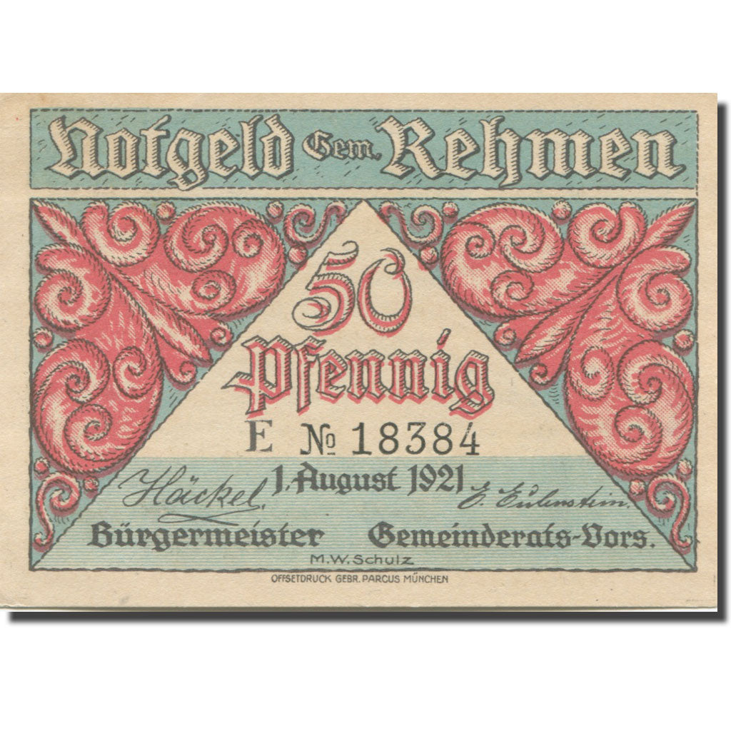 Banknote, Germany, Rehmen, 50 Pfennig, vacances, 1921 UNC(63) Mehl:1108.1