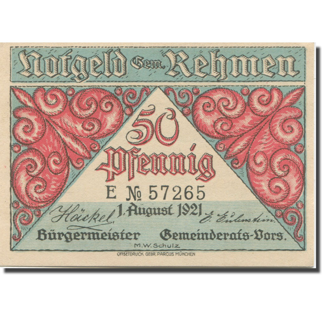 Banknote, Germany, Rehmen, 50 Pfennig, barque, 1921 UNC(63) Mehl:1108.1