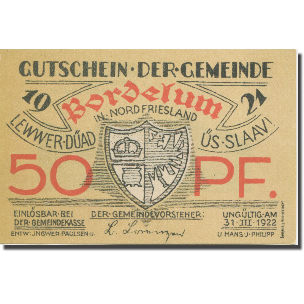 Banknote, Germany, Bordelum, 50 Pfennig, Blason, 1922, UNC(63) Mehl:143.1
