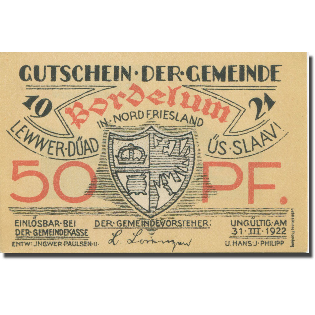 Billet, Allemagne, Bordelum, 50 Pfennig, Blason 1, 1922 SPL Mehl:143.1